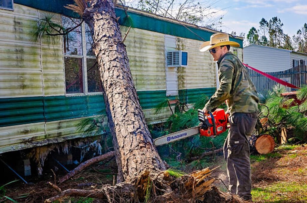 Storm-damaged tree blocking driveway at a home in Akron, OH